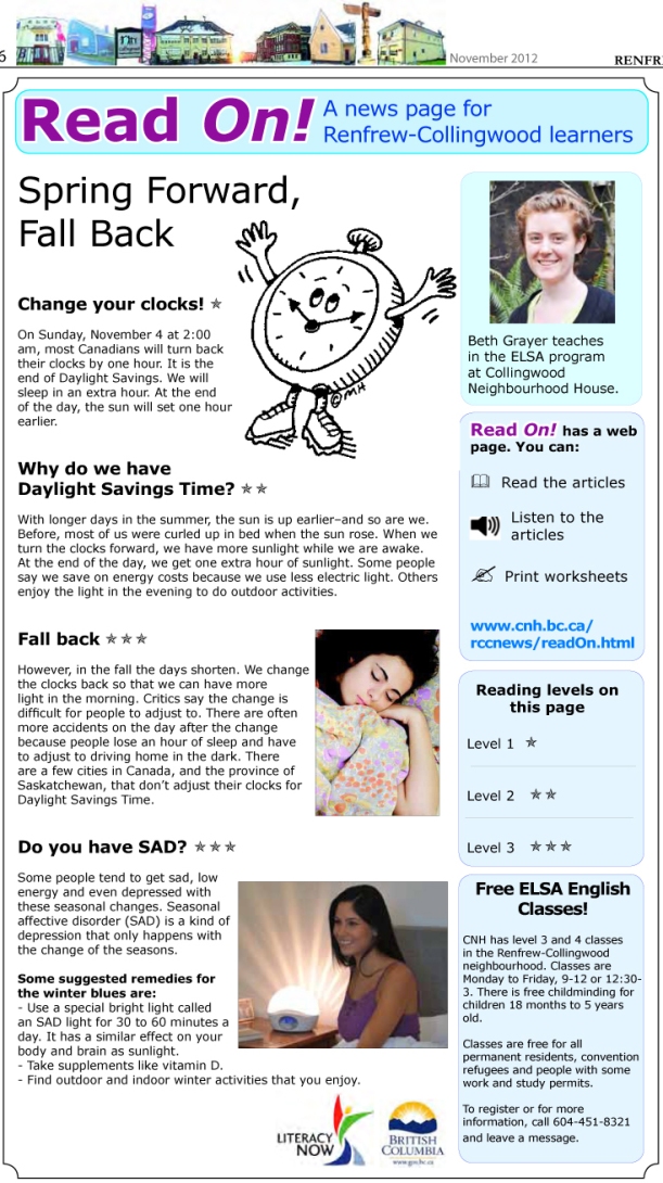 Read On November 2012, A News Page for Renfrew-Collngwood Learners