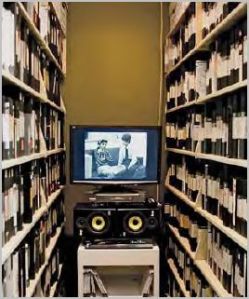 Inside VIVO’s video archive. The display monitor was part of a larger exhibition by On Main Gallery entitled The Long Time: 21st Century Art of Steele + Tomczak. Photo: On Main Gallery