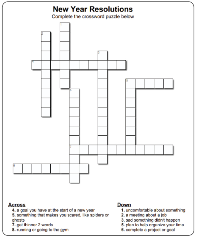 New year resolution crossword puzzle
