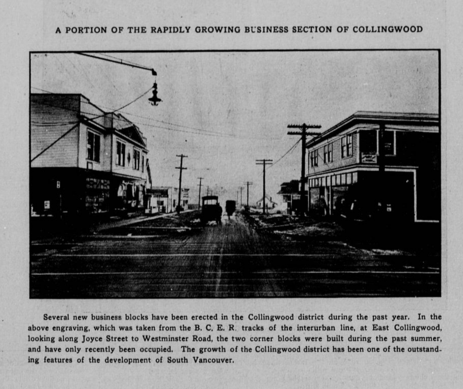 Looking south up Joyce to Westminster Road (now Kingsway),1912. The Community Credit Union was recently on the left. Photo from UBC Library, the Chinook newspaper